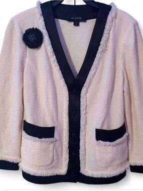 St. John Cream Bouclé Jacket with Black Trim
